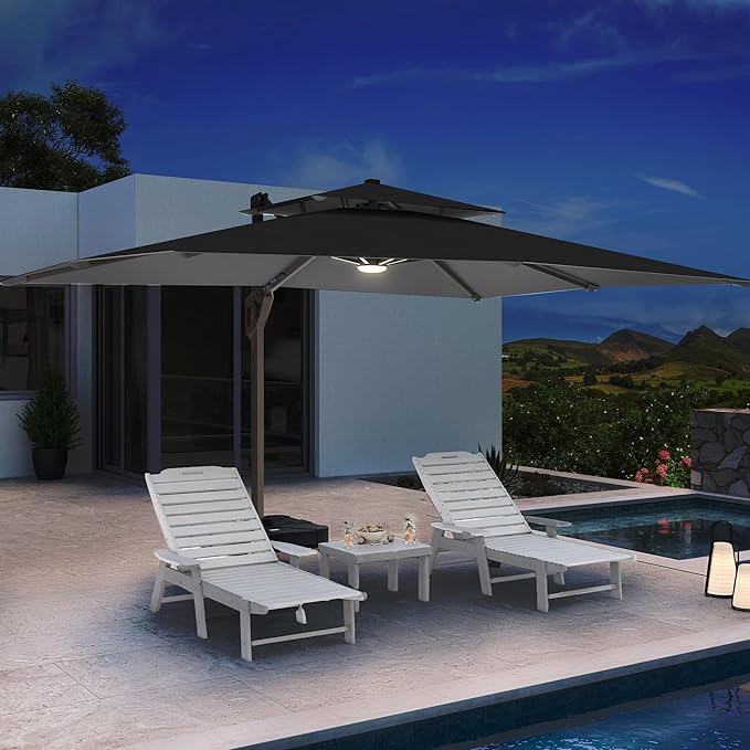 10 X 13 FT Cantilever Patio Umbrella with Led Lights and Base Included Outdoor Heavy Duty Double Top Rectangle Offset Umbrellas with 360-degree Rotation for Pool Deck Backyard, Grey - Image 3