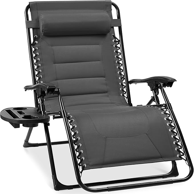 Best Choice Products Oversized Padded Zero Gravity Chair, Folding Outdoor Patio Recliner, XL Anti Gravity Lounger for Backyard w/Headrest, Cup Holder, Side Tray, Polyester Mesh - Gray by BestChoiceProducts
