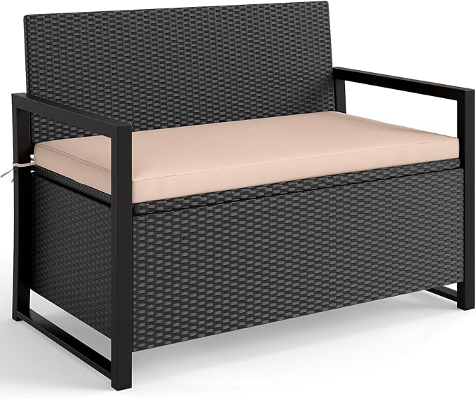 Tangkula 40 Gallon Outdoor Bench with Storage, Patio Wicker Storage Bench with Cushion, Cover, Metal Frame, Deck Box Seat for Backyard, Poolside, Balcony, Garden by TANGKULA