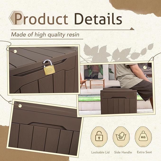 Flamaker 2 Pack Deck Box 31 Gallon Waterproof Resin Storage Box with Lid Indoor Outdoor Delivery Box Storage Bin for Patio Cushions (Deep Brown) - Image 3
