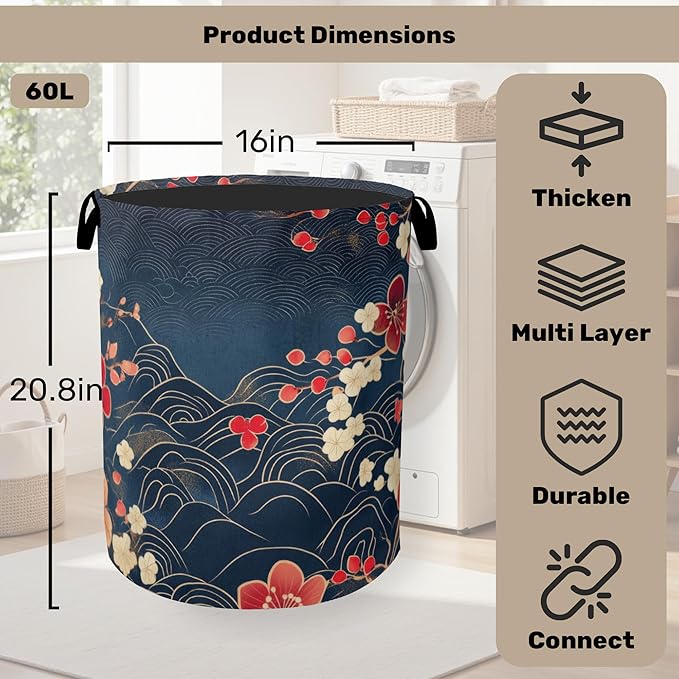 Japanese Cherry Blossom Laundry Basket, Space Saving Foldable Design - Image 2