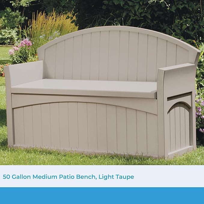 Suncast Outdoor Storage Bench - 50 Gallon Taupe Resin Outdoor Bench with Storage for Cushions, Tools & More. All-Weather Patio Deck Box with Seat for Porch, Pool, Yard, & Garden, Made in USA - Image 3