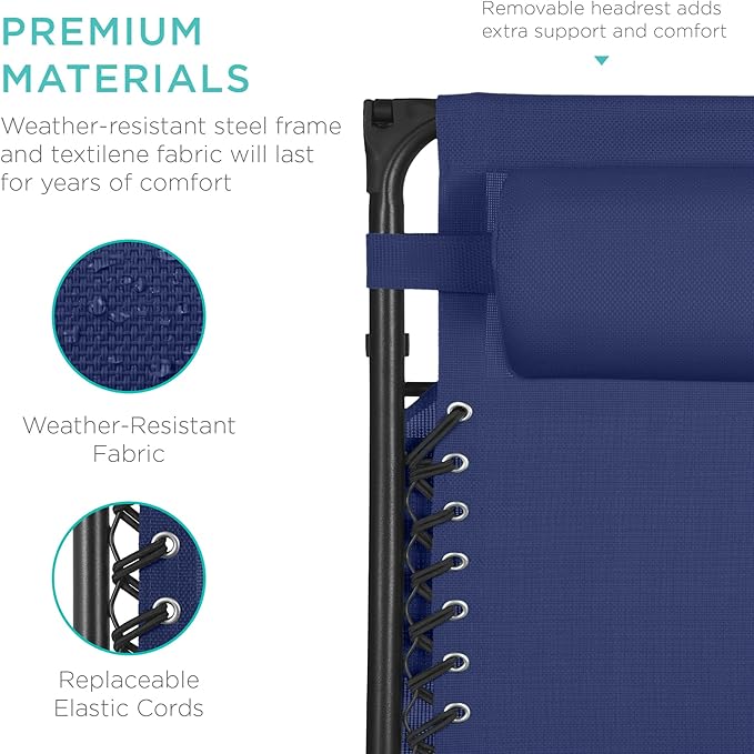 Best Choice Products 30” Wide Folding Zero Gravity Outdoor Recliner Patio Lounge Chair w/Adjustable Canopy Shade, Headrest, Side Accessory Tray - Navy Blue - Image 7