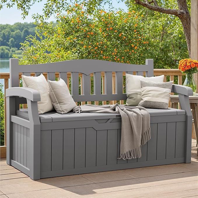 Greesum 80 Gallon Storage Bench Outdoor Deck Box with Armrest, Patio Furniture,Lockable, Waterproof and UV Resistant, Suitable for Garden, Pool, Grey - Image 2