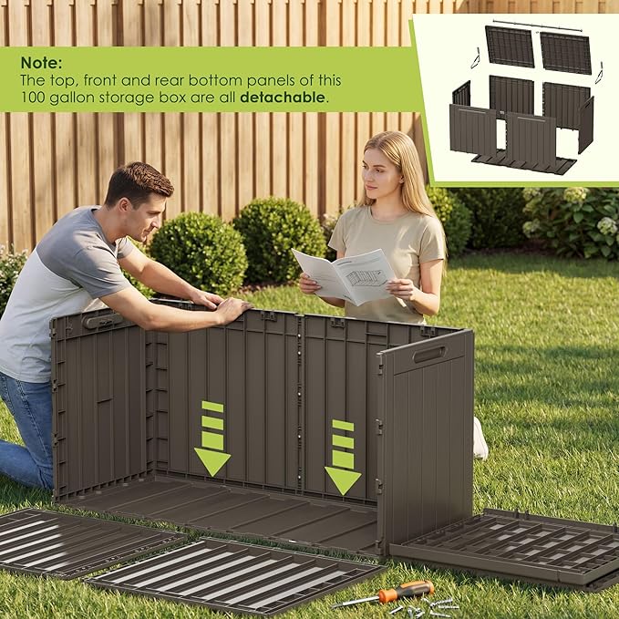 Devoko 100 Gallon Outdoor Storage Box, Waterproof Resin Deck Box for Patio Furniture, Lockable Container for Garden Cushions & Pool Supplies (Brown, 100 Gallon) - Image 5