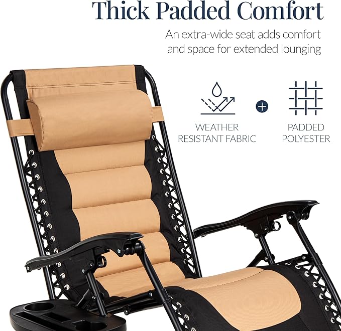 Best Choice Products Oversized Padded Zero Gravity Chair, Folding Outdoor Patio Recliner, XL Anti Gravity Lounger for Backyard w/Headrest, Cup Holder, Side Tray, Polyester Mesh - Tan - Image 4