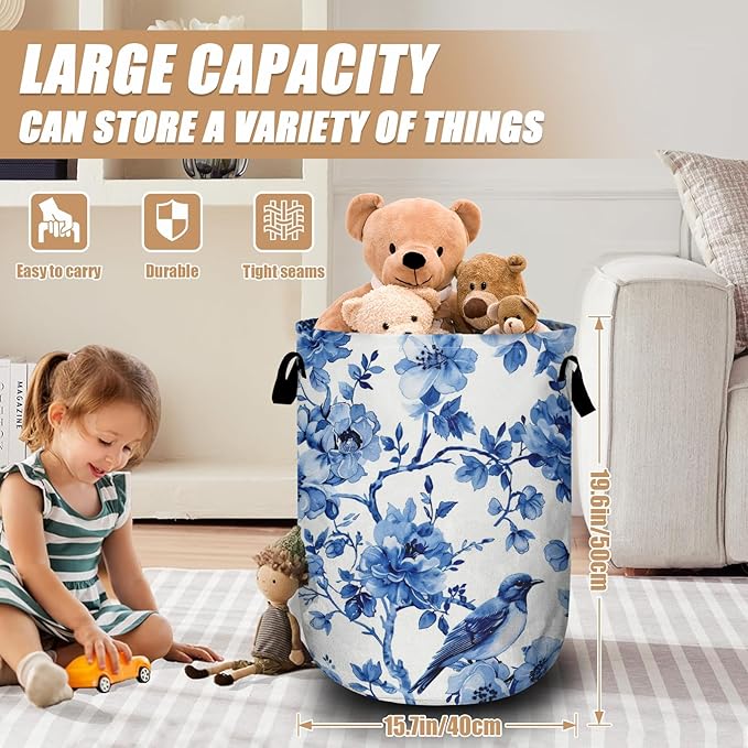Blue Flower Bird Laundry Basket, Foldable Waterproof Laundry Hamper Tote Bag - Image 2
