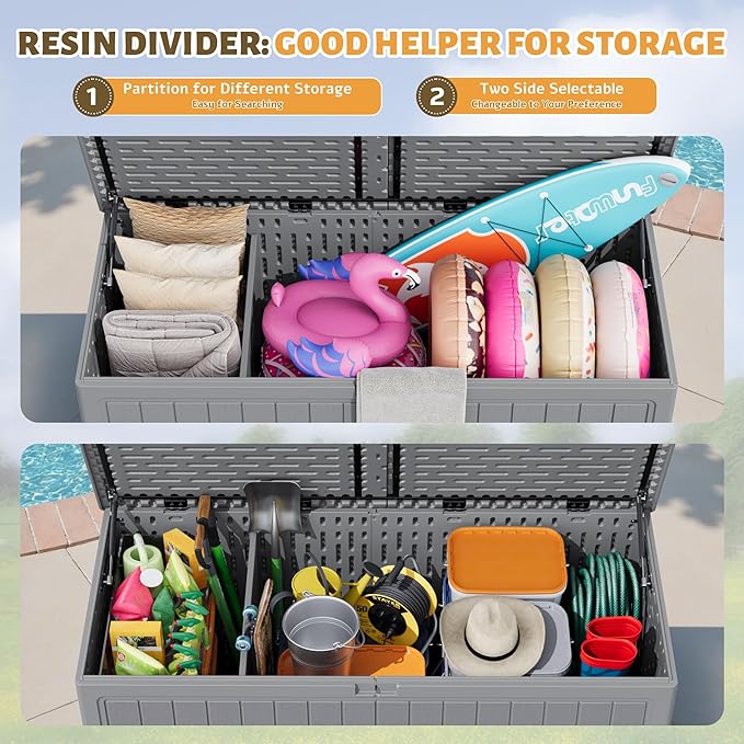 Flamaker Resin Deck Box 270 Gallon, Waterproof Imitation-Wood Lockable Storage Box with Separator Plate Outdoor Indoor, Garden, Patio Furniture for Tools&Pool Accessories (Gray) - Image 5