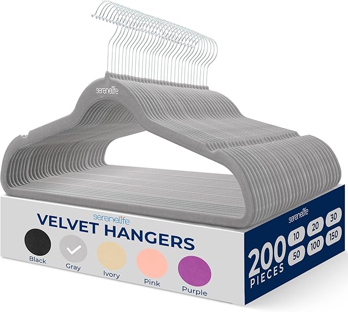 SereneLife 200-Pack Velvet Hangers – Space-Saving Non-Slip Gray Clothes Hangers by SereneLife