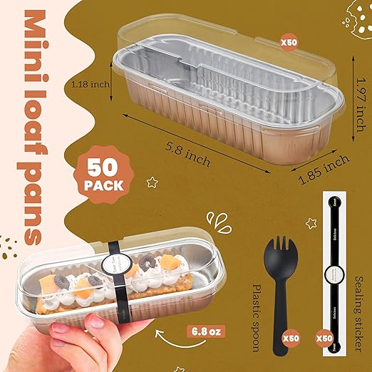 50 PACK Mini Cake Pans with Lids and Spoons, Rectangular Aluminum Foil Bread Pan - Image 3