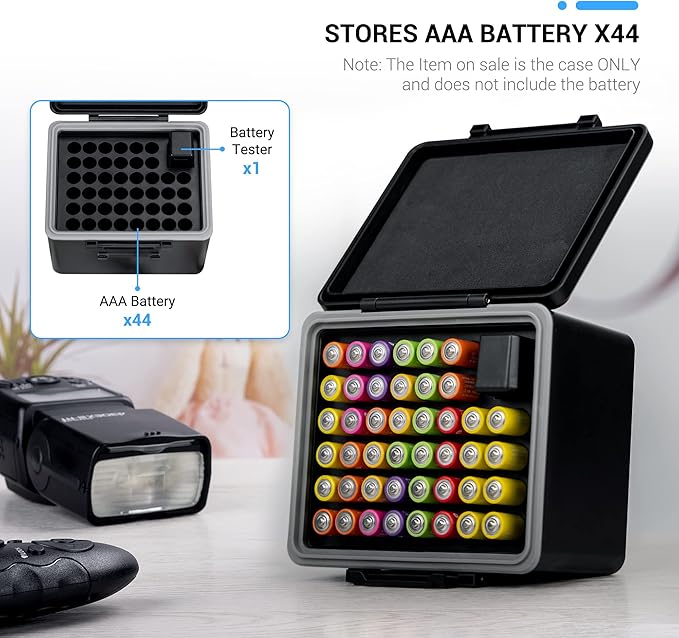 JJC AAA Battery Hard Case with Detachable Tester Checker, 44 Slots AAA Battery - Image 2