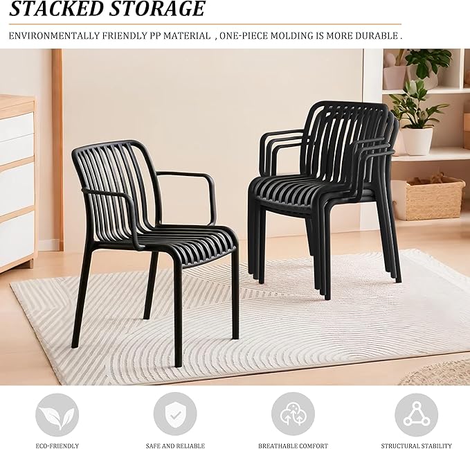 Patio Chairs Set of 4, All-Weather Stackable Outdoor Dining Chairs with Curved Back, Patio Dining Chairs for Patio, Deck, Porch, Backyard, Restaurant, Cafe, Black - Image 3