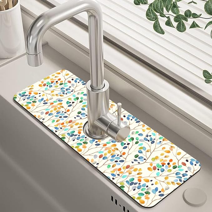 Abstract Watercolor Leaves Sink Faucet Absorbing Mat Sink Splash Guard Faucet by Unknown