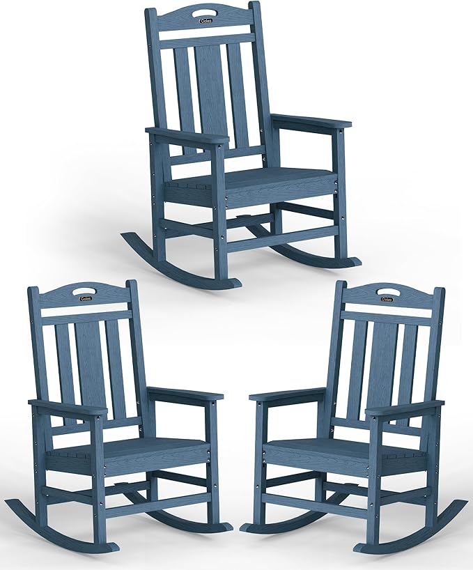 Ciokea Oversized Outdoor Rocking Chairs Set of 3, 380lbs Heavy-Duty Large Patio Rocker, High Back Cozy Porch Chairs, Weather Resistant Patio Rocking Chairs for Outside, Fire Pit, Deck, Slate Blue by CIOKEA