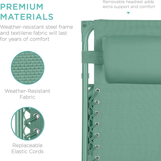 Best Choice Products Folding Zero Gravity Outdoor Recliner Patio Lounge Chair w/Adjustable Canopy Shade, Headrest, Side Accessory Tray, Textilene Mesh - Seafoam - Image 5