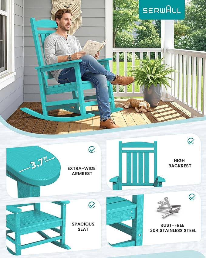 SERWALL Oversized Outdoor Rocking Chair, All-Weather Patio Rocking Chair, HDPE Porch Rocker for Adults, Aruba Blue - Image 7