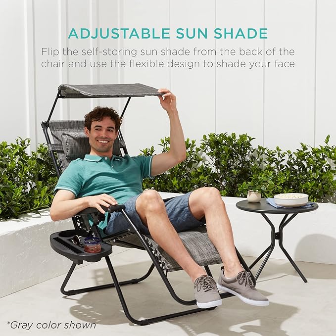 Best Choice Products Folding Zero Gravity Outdoor Recliner Patio Lounge Chair w/Adjustable Canopy Shade, Headrest, Side Accessory Tray, Textilene Mesh - Burnt Orange - Image 5