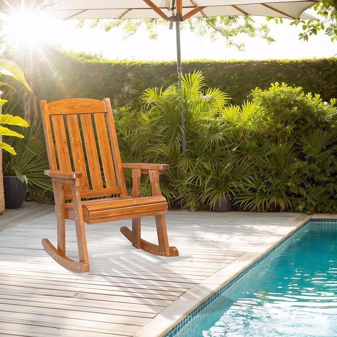 VINGLI Outdoor Rocking Chair Set of 2, Heavy Duty 600 LBS Wooden Rocking Chair with Comfortable Backrest, Weatherproof Rocker with Ergonomic Design, Suit for Patio, Garden, Yard, Teak - Image 2