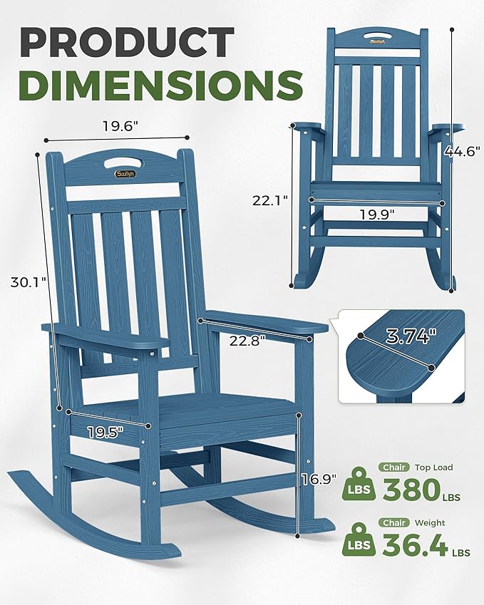 Oversized Outdoor Rocking Chairs Set of 4, High Back Porch Rocking Chair, HDPE All Weather Resistant Patio Chairs, 380lbs Weight Capacity, Navy Blue - Image 3