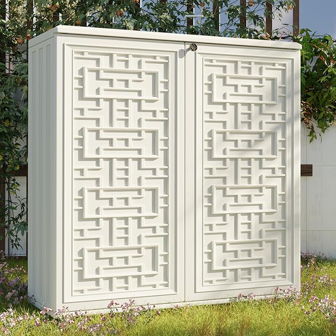 Indoor Outdoor Storage Cabinet Waterproof with Shelf, Off White Plastic Outdoor Cabinets for Patio/Garden/Backyard, Size 34.3''L*15''W*36.2''H - Image 7