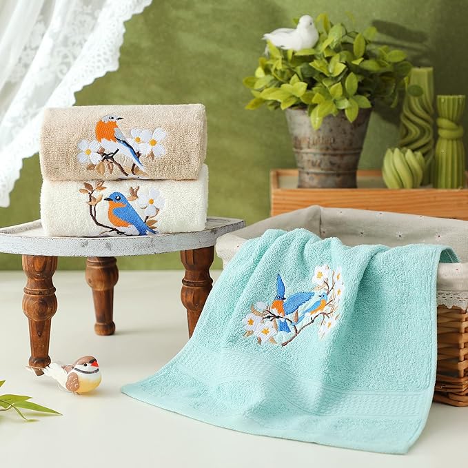 Bird Floral Hand Towels Farmhouse White Light Brown Turquoise Bird Bathroom - Image 3