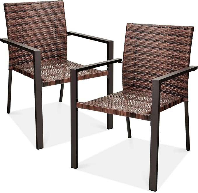 Best Choice Products Set of 2 Stackable Outdoor Wicker Dining Chairs All-Weather Firepit Armchair w/Armrests, Steel Frame for Patio, Deck, Garden, Yard - Light Brown by BestChoiceProducts