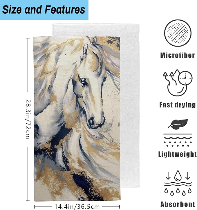 Golden Horse Oil Painting Kitchen Hand Towel Set of 2, Abstract Art Painting - Image 2