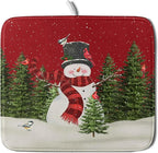 Christmas Dish Drying Mat for Kitchen Counter Red Xmas Snowman Trees Birds by Kawani