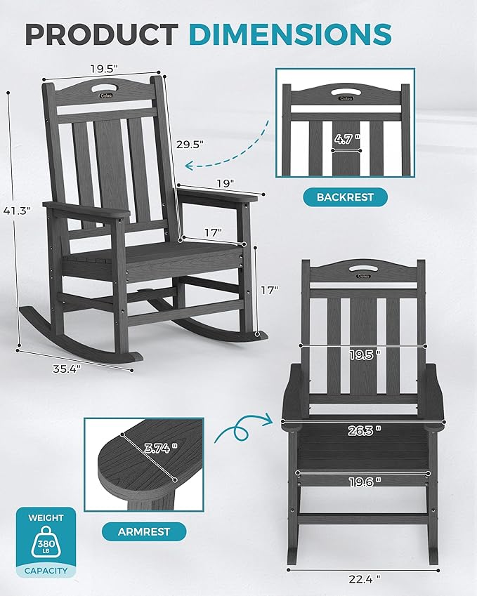 Ciokea Oversized Outdoor Rocking Chairs Set of 2, 380lbs Heavy-Duty Large Patio Rocker, High Back Cozy Porch Chairs, Weather Resistant Patio Rocking Chairs for Outside, Fire Pit, Deck, Dark Grey - Image 3