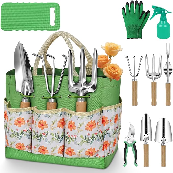 Gardening Tools 10-Piece Heavy Duty Stainless Steel Hand Tools with Durable Garden Tools Storage Tote,Rust-Proof Garden Tool Set, Ideal Gardening Gifts for Women Yellow Floral Pattern Design by HoHaing