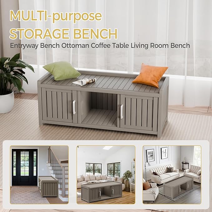 Storage Bench - Waterproof Resin Shoe Bench with Adjustable Shelves - Indoor & Outdoor Use, 2 Doors Entryway Bench with Hidden Storage Space - Storage Cabinet for Bedroom, Hallway, Grey - Image 6