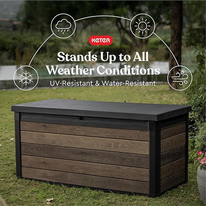 Keter Signature Collection 150 Gallon Resin Deck Box Organization and Storage Box for Patio Outdoor Cushions, Throw Pillows, Garden Tools and Pool Supplies, Walnut - Image 3