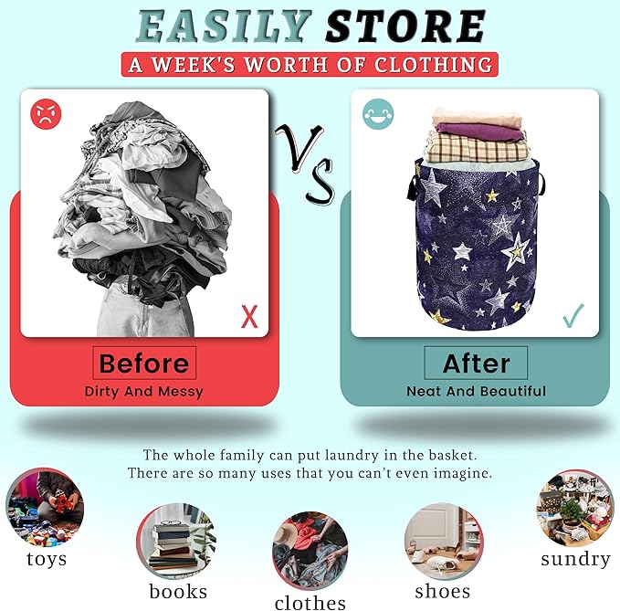 Stars Print Blue Jean Design Laundry Basket Foldable Funny Laundry Hamper - Image 3