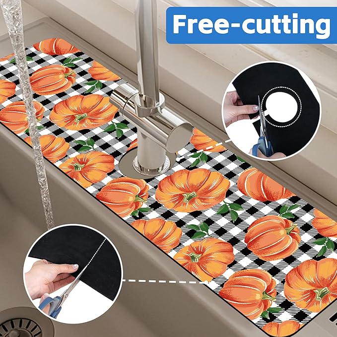 Thanksgiving Pumpkin Kitchen Sink Splash Guard Mat Buffalo Plaid Absorbent Fast - Image 7