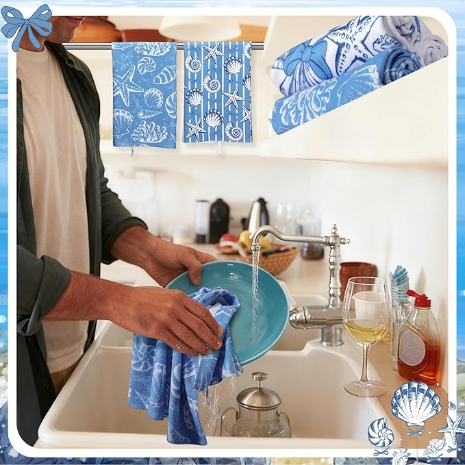Breling Set of 6 Coastal Beach Kitchen Towels Blue Bow Dish Towel Bathroom - Image 5