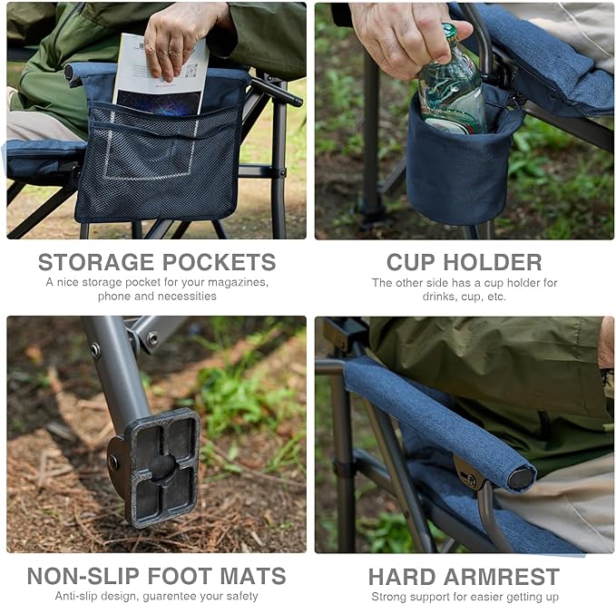 EVER ADVANCED Padded Oversized Folding Camping Chair for Adults, Heavy Duty Lawn Chair with Side Pockets, Portable Collapsible Quad Chair for Outside, Support Up to 500lbs, Blue - Image 5