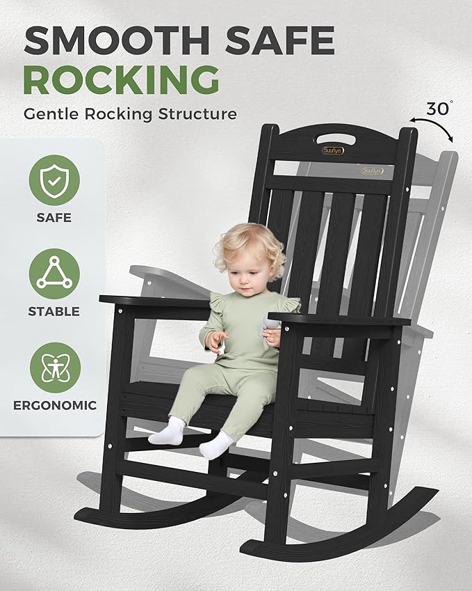 Oversized Outdoor Rocking Chairs Set of 4, High Back Porch Rocker Chair, HDPE All Weather Resistant Rocking Chairs for Patio, 380lbs Weight Capacity, Black - Image 4