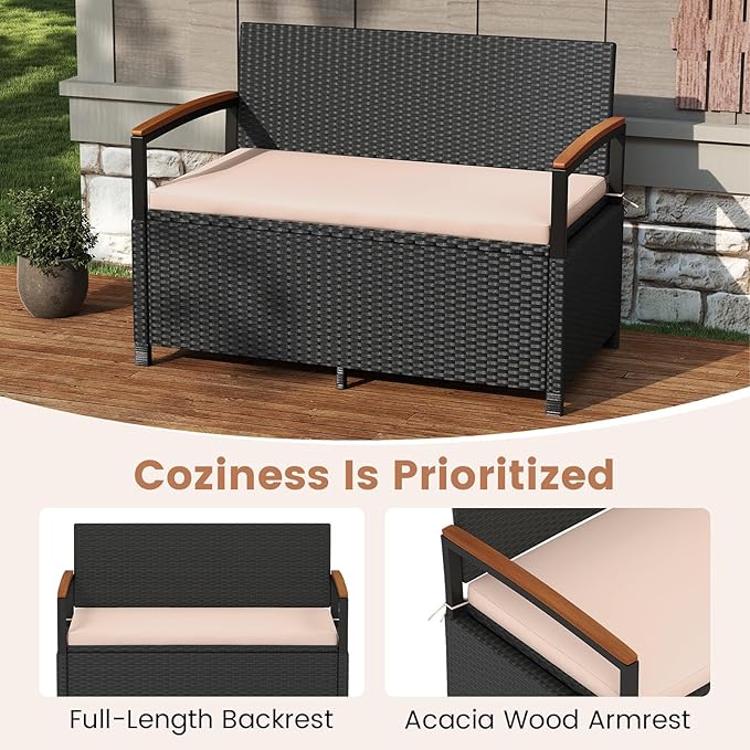 RELAX4LIFE Wicker Outdoor Storage Bench, Rattan Deck Box w/Protective Liner for Patio Furniture Pillows & Garden Tools, Porch Loveseat with Seat Cushion, Acacia Wood Armrests (Black-Beige) - Image 6
