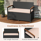 RELAX4LIFE Wicker Outdoor Storage Bench, Rattan Deck Box w/Protective Liner for Patio Furniture Pillows & Garden Tools, Porch Loveseat with Seat Cushion, Acacia Wood Armrests (Black-Beige) - Image 6