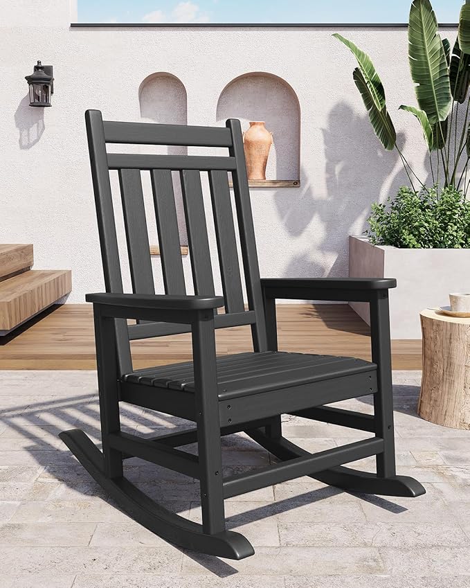 GarveeLife Poly Lumber Rocking Chair Outdoor Set of 4 with 2 Side Table - HDPE High Back Porch Rocker Chairs for Adults - All Weather Resistant Furniture for Patio - Black - Image 7
