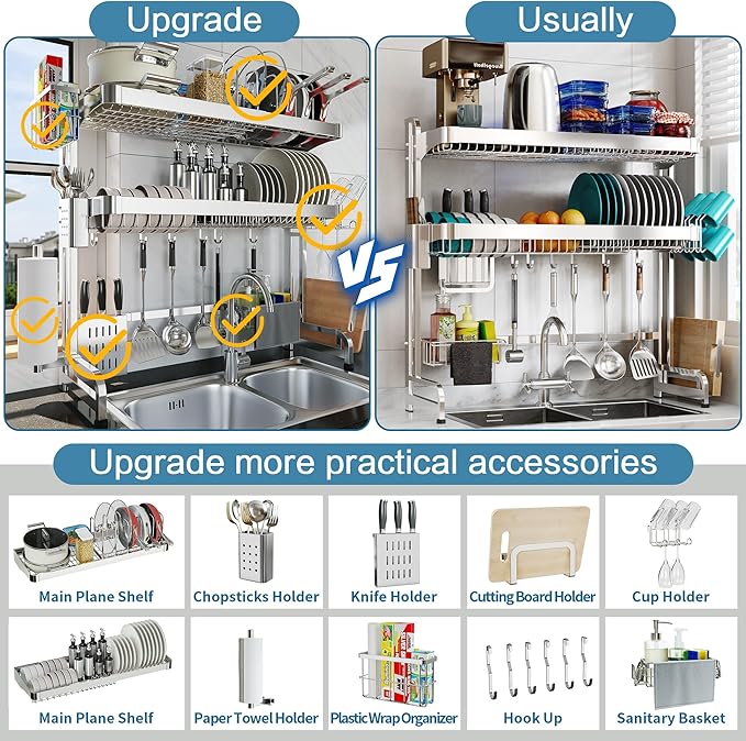 Over The Sink Dish Drying Rack, 3 Tier Adjustable Length Full Stainless Steel - Image 3