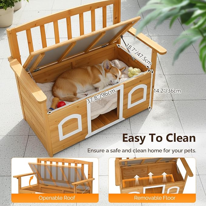 VINGLI Outdoor Storage Bench with Built-in Dog House, 2-in-1 Outdoor Waterproof Patio Bench with Pet Kennel for Patio Backyard Porch (Natural) - Image 4