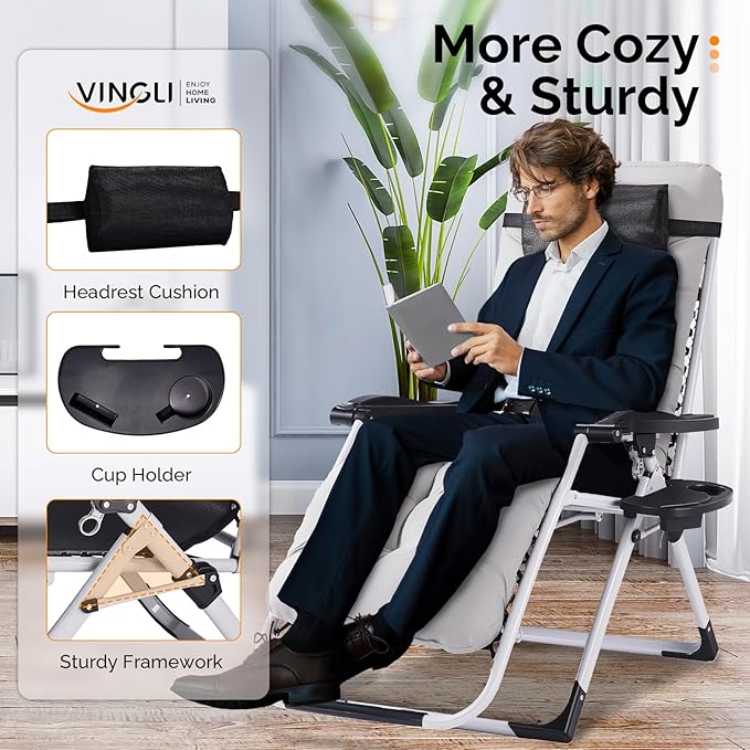 VINGLI Padded Zero Gravity Chair, Lounge Chair with Removable Cushion & Tray， Folding Reclining Patio Chairs， Recliner Chair for Lawn，Indoor and Outdoor - Image 4