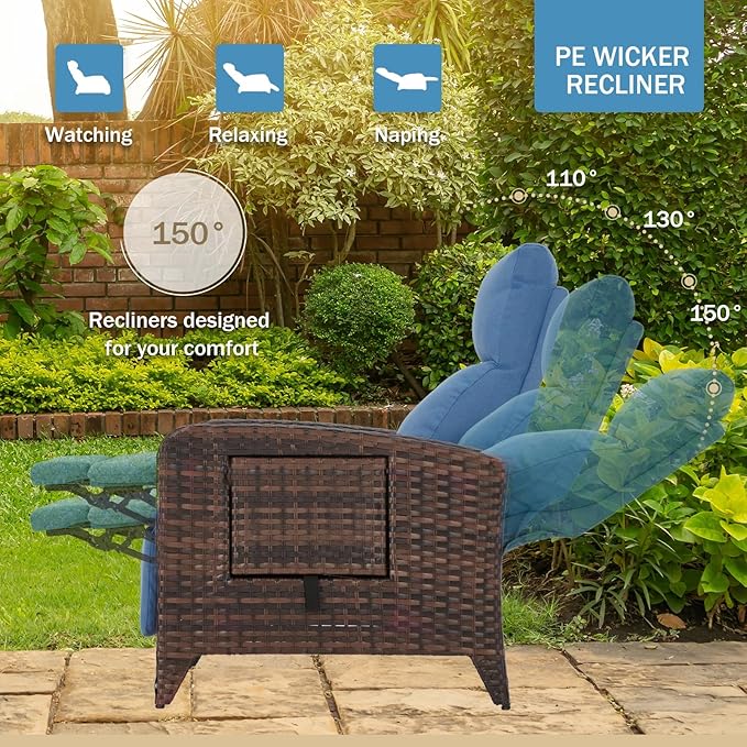 Outdoor Recliner Chairs Set of 2 Reclining Patio Chairs with Adjustable Back and Extended Footrest Wicker Rattan Recliner Chairs with Flip Table and Removable Cushion - Image 3