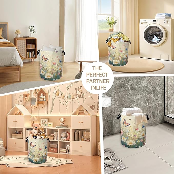 Spring Flowers Laundry Hamper, Watercolor Garden Wildflower Butterfly - Image 6