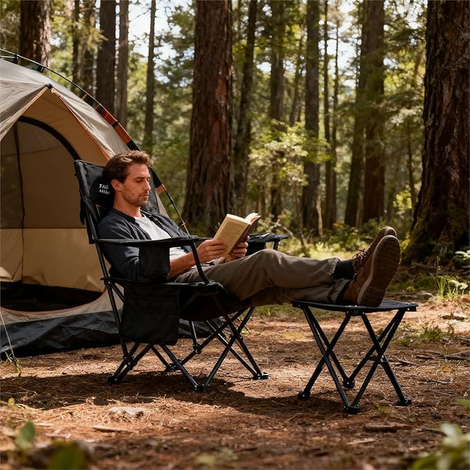 FAIR WIND Oversized Padded Camping Chair with Footrest Stool Set Heavy Duty Support 300 LBS Cooler Bag Chair - Black - Image 2