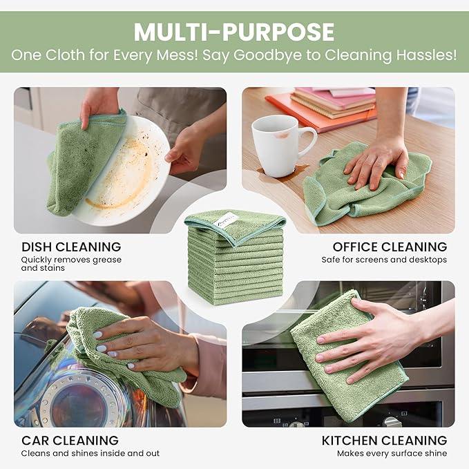 Microfiber Cleaning Cloth, 12 Pack Green Cleaning Rags - Image 5