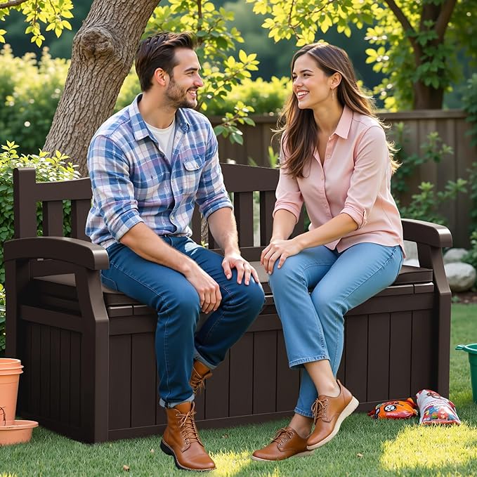 Flamaker 80 Gallon Storage Bench with Cushions Outdoor Indoor, Durable All-Weather Seating with Hidden Storage, Lockable Deck Box for Garden, Patio, Poolside (Brown) - Image 7