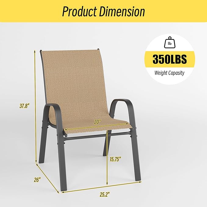 Betterhood Patio Chairs Set of 6, Stackable Outdoor Dining Chairs Set with Breathable Seat Fabric, All-Weather Powder-Coated Metal Frame for Deck, Pool Side and Backyard, 350LBS Capacity (Khaki) - Image 3