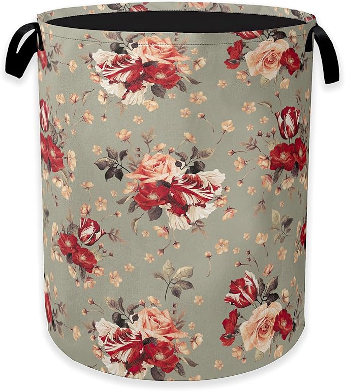 Red Rose Flowers Laundry Hamper, Vintage Floral Clothes Hamper by Unknown